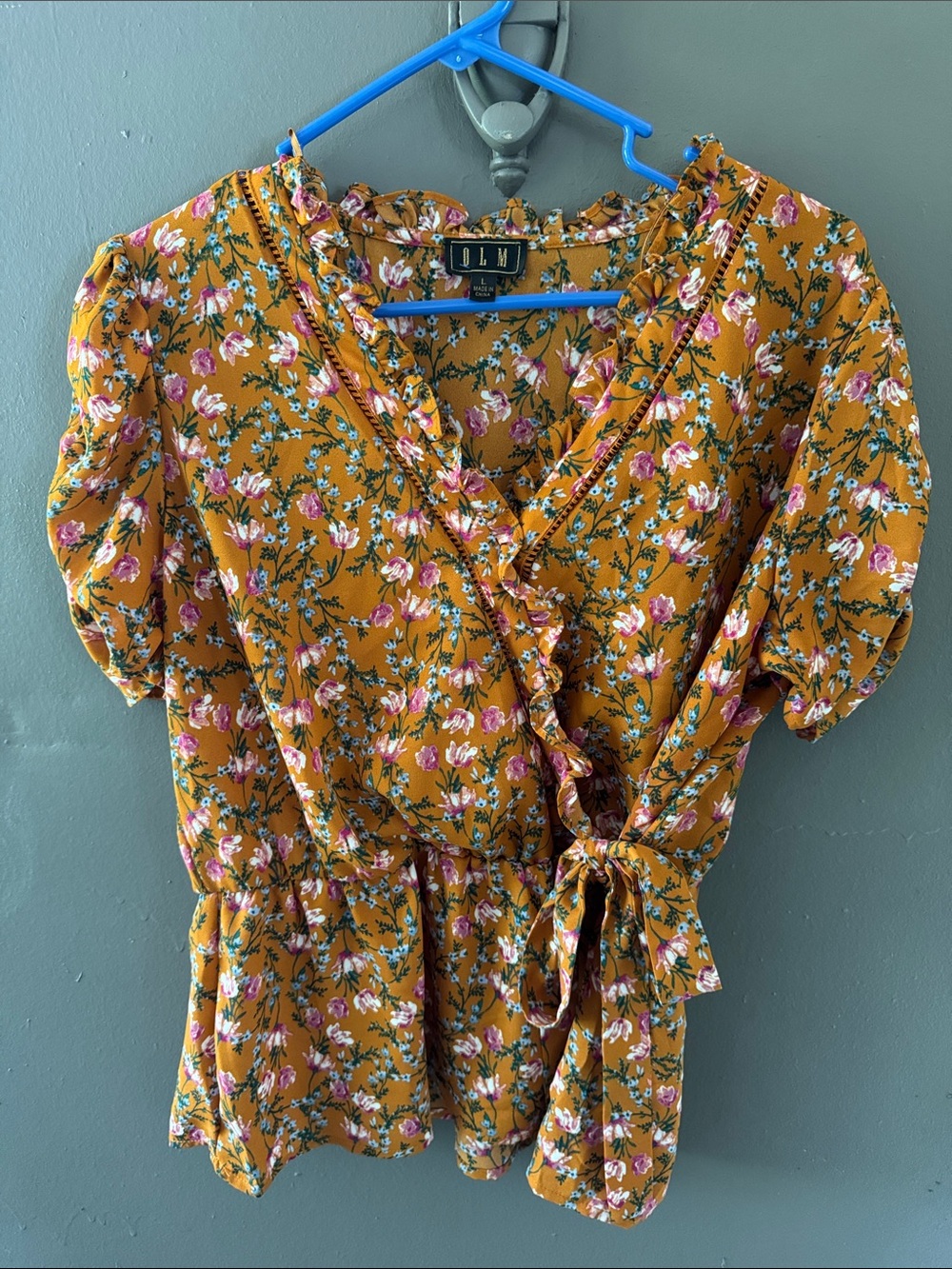 OLM Mustard Floral Wrap Peplum Top